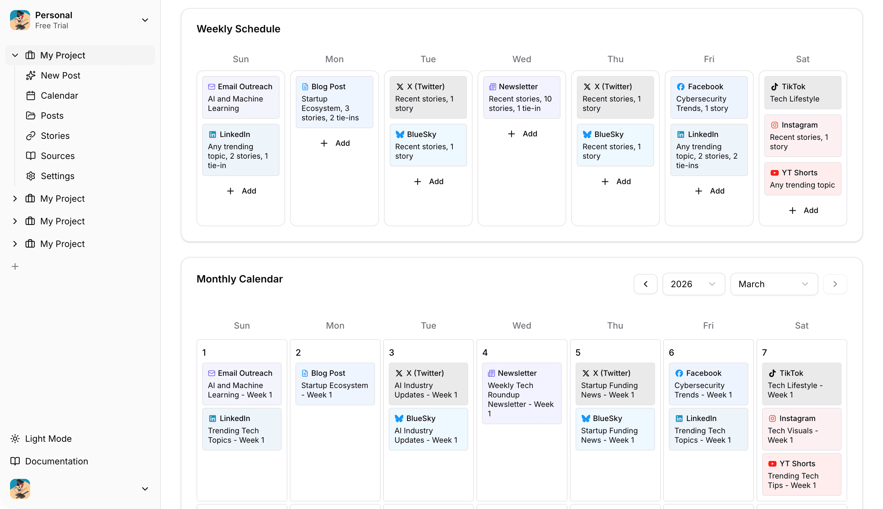 Content dashboard showing multiple posts with engagement metrics and calendar view
