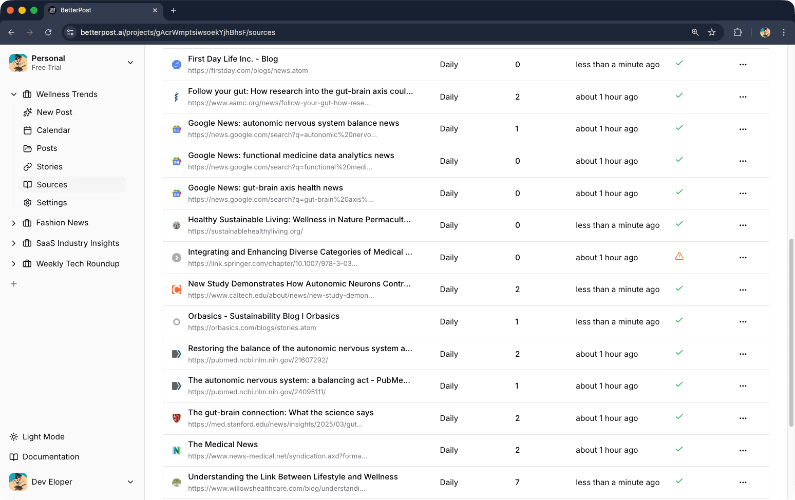 Sources management interface showing different source types, status indicators, and management options